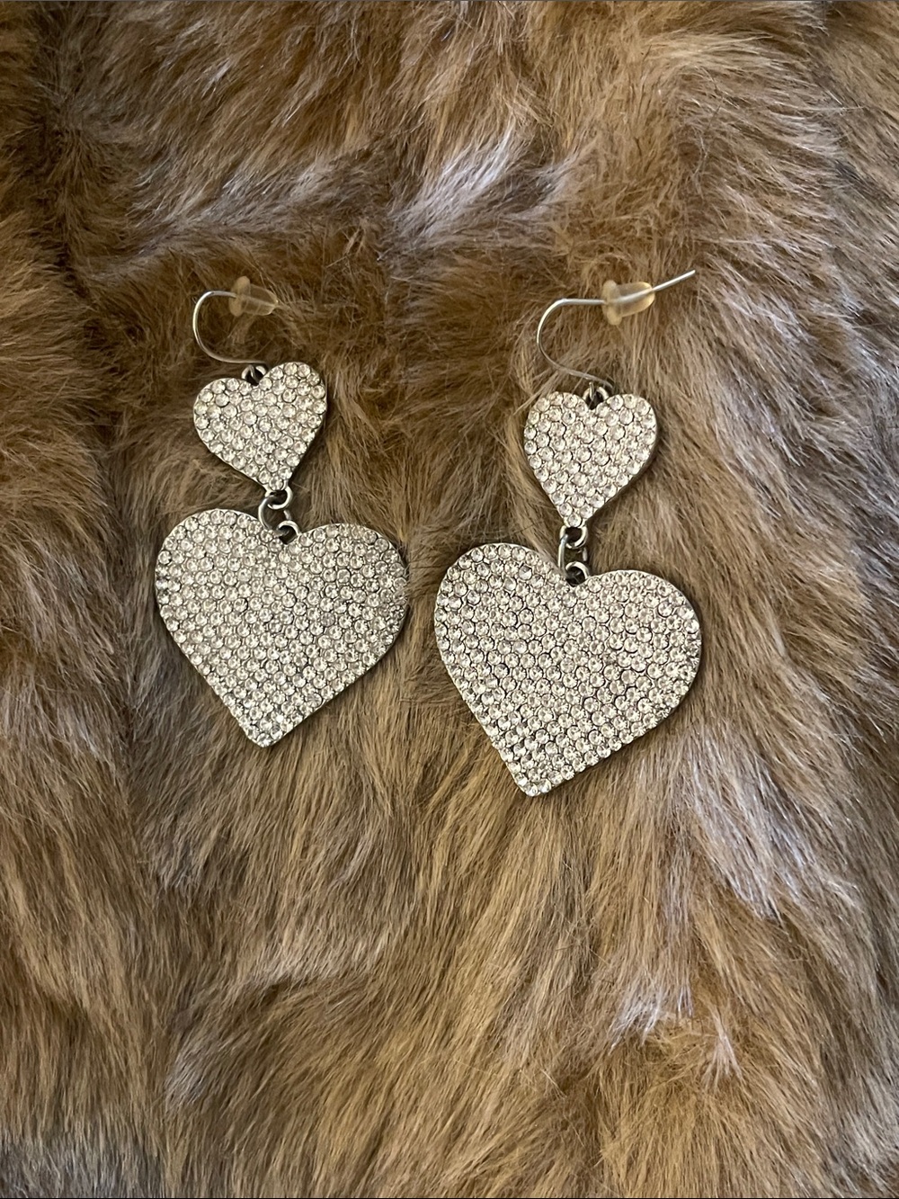 H&M Silver Crystal Double Heart Drop Earrings